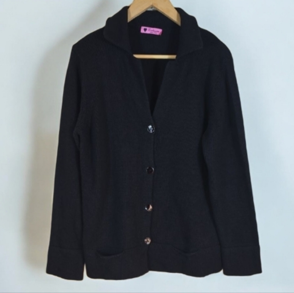 Italian Cashmere-Merino Wool Grandpa Cardigan Sweater Black Women's XXL